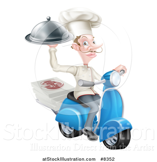 Vector Illustration of a White Male Chef with a Curling Mustache, Holding a Cloche and Delivering Pizzas on a Scooter