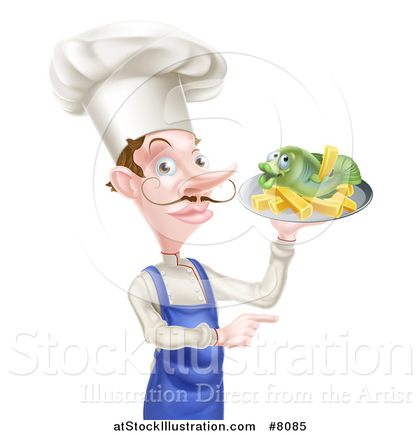 Vector Illustration of a White Male Chef with a Curling Mustache, Holding a Fish and Chips on a Tray and Pointing