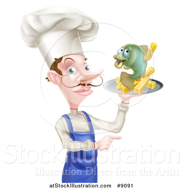 Vector Illustration of a White Male Chef with a Curling Mustache, Holding a Fish and Chips on a Tray and Pointing