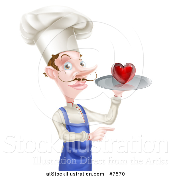 Vector Illustration of a White Male Chef with a Curling Mustache, Holding a Heart on a Tray and Pointing