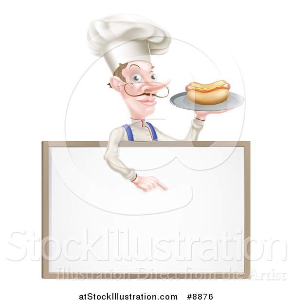 Vector Illustration of a White Male Chef with a Curling Mustache, Holding a Hot Dog on a Platter and Pointing down over a White Menu Board Sign