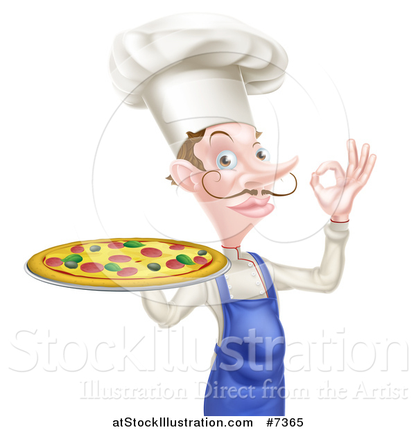 Vector Illustration of a White Male Chef with a Curling Mustache, Holding a Pizza and Gesturing Ok