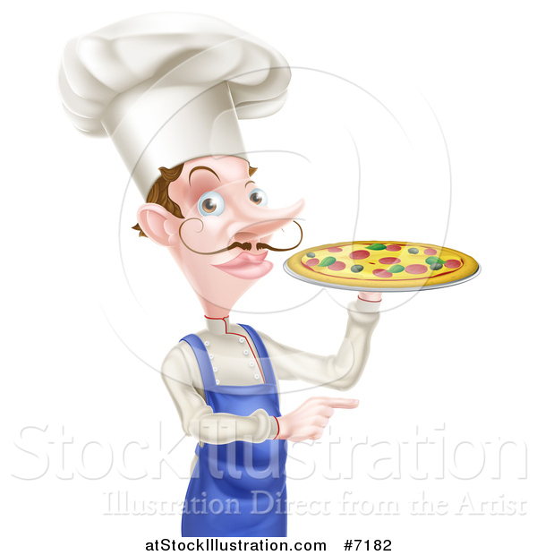 Vector Illustration of a White Male Chef with a Curling Mustache, Holding a Pizza and Pointing