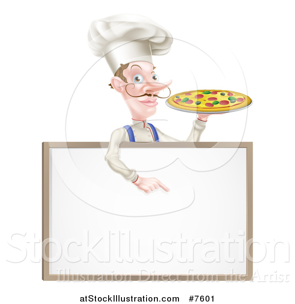 Vector Illustration of a White Male Chef with a Curling Mustache, Holding a Pizza and Pointing down over a Blank Menu Sign Board