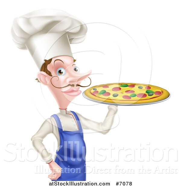 Vector Illustration of a White Male Chef with a Curling Mustache, Holding a Pizza