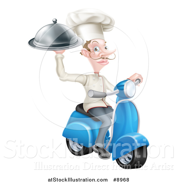 Vector Illustration of a White Male Chef with a Curling Mustache, Holding a Platter on a Delivery Scooter