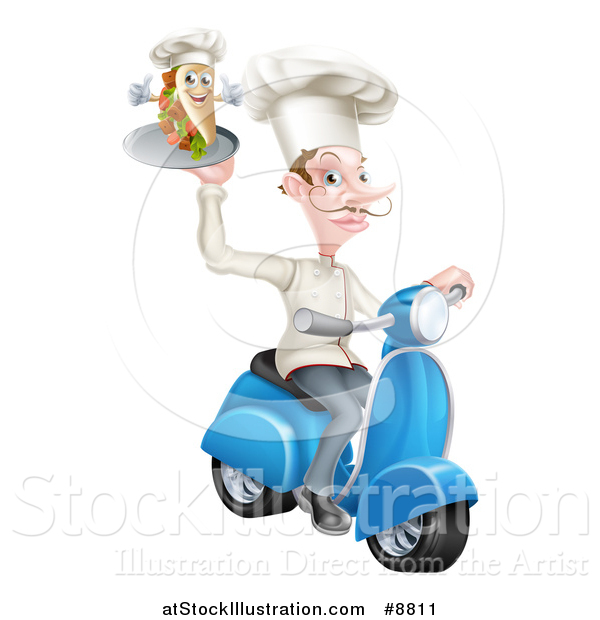 Vector Illustration of a White Male Chef with a Curling Mustache, Holding a Souvlaki Kebab Sandwich on a Scooter