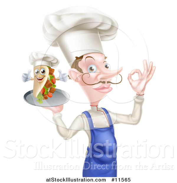 Vector Illustration of a White Male Chef with a Curling Mustache, Holding a Souvlaki Kebab Sandwich on a Tray and Gesturing Perfect