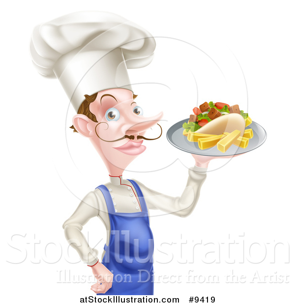 Vector Illustration of a White Male Chef with a Curling Mustache, Holding a Souvlaki Kebab Sandwich on a Tray