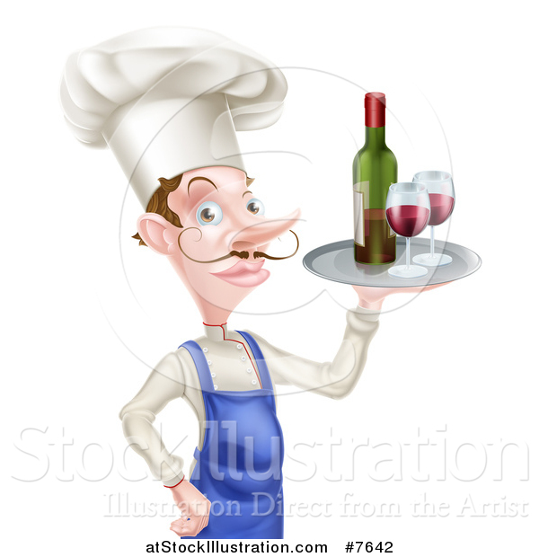 Vector Illustration of a White Male Chef with a Curling Mustache, Holding a Tray with Red Wine