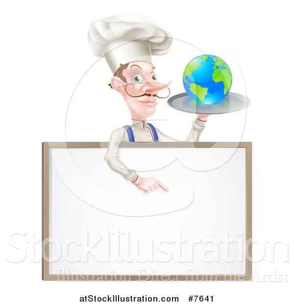 Vector Illustration of a White Male Chef with a Curling Mustache, Holding Earth on a Platter and Pointing down at a Blank Menu Sign