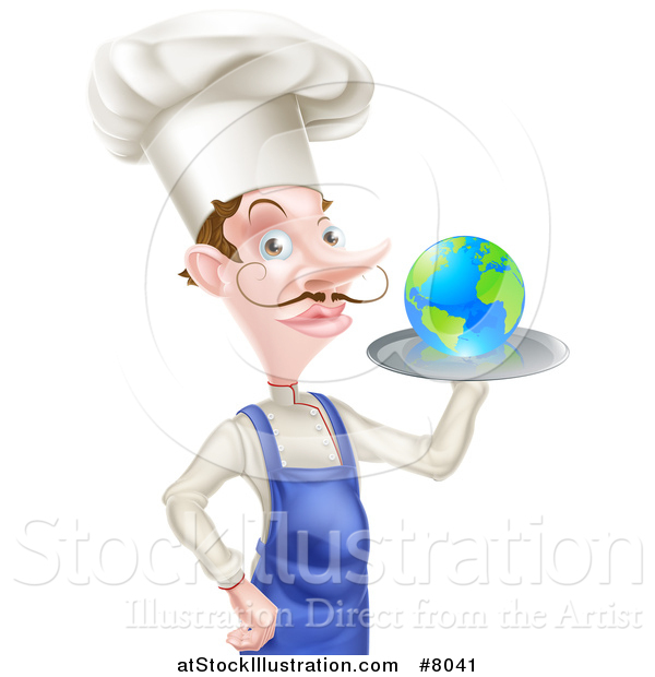Vector Illustration of a White Male Chef with a Curling Mustache, Holding Earth on a Platter