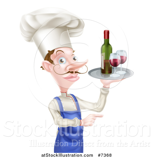 Vector Illustration of a White Male Chef with a Curling Mustache, Pointing and Holding a Tray with Red Wine