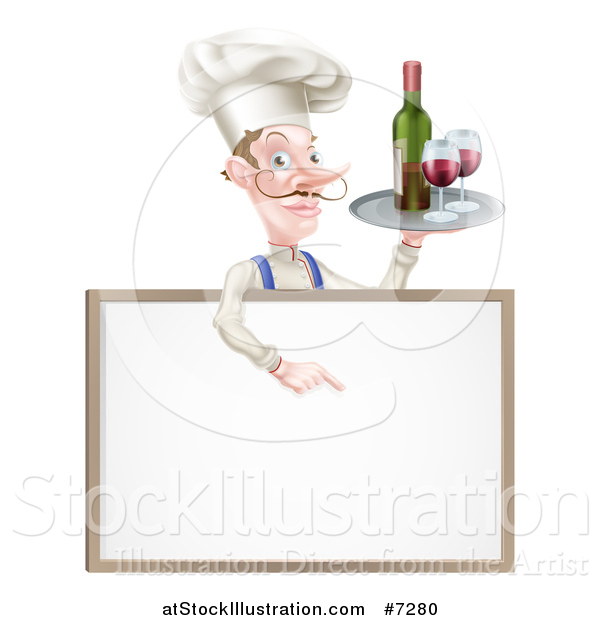 Vector Illustration of a White Male Chef with a Curling Mustache, Pointing down and Holding a Tray with Red Wine over a Blank Menu Sign Board