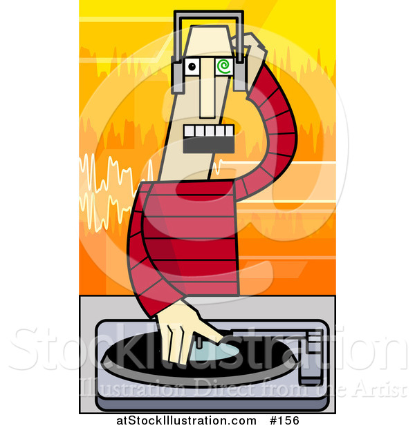 Vector Illustration of a White Male DJ Mixing Records on a Turntable