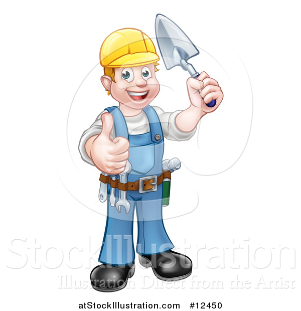 Vector Illustration of a White Male Mason Worker Holding a Trowel and Giving a Thumb up