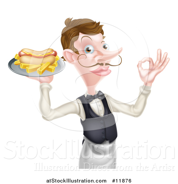 Vector Illustration of a White Male Waiter with a Curling Mustache, Holding a Hot Dog and Fries on a Platter and Gesturing Ok
