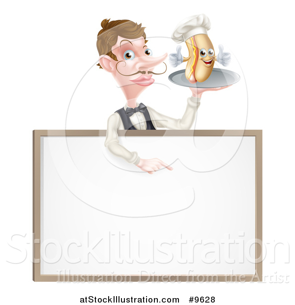 Vector Illustration of a White Male Waiter with a Curling Mustache, Holding a Hot Dog on a Platter over a Blank Menu Sign