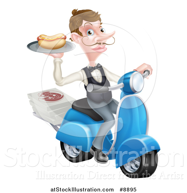 Vector Illustration of a White Male Waiter with a Curling Mustache, Holding a Hot Dog on a Scooter, with Pizza Boxes