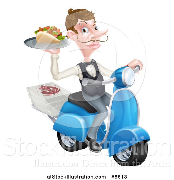 Vector Illustration of a White Male Waiter with a Curling Mustache, Holding a Souvlaki Kebab Sandwich on a Scooter