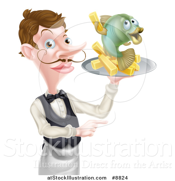 Vector Illustration of a White Male Waiter with a Curling Mustache, Holding Fish and a Chips on a Tray and Pointing