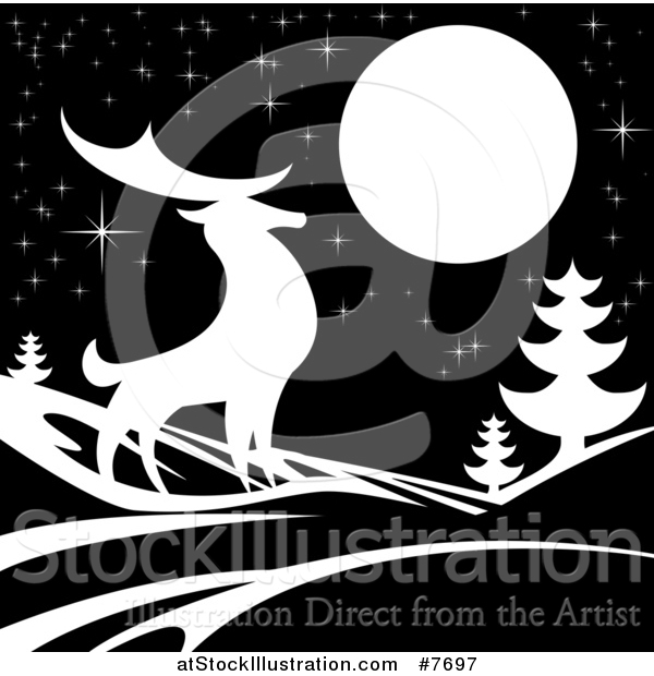 Vector Illustration of a White Silhouetted Buck Deer with Evergreens Under a Full Moon at Night