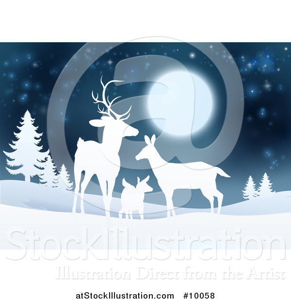 Vector Illustration of a White Silhouetted Deer Family Under a Full Moon in a Winter Landscape at Night