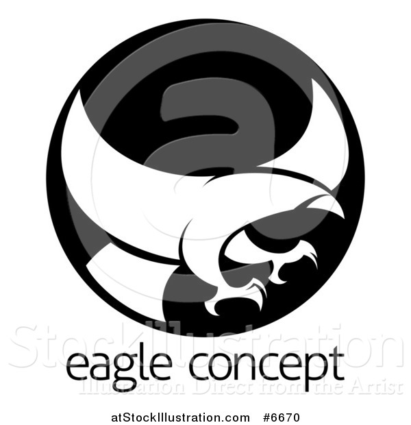 Vector Illustration of a White Silhouetted Eagle or Hawk Reading to Grab Prey in a Black Circle over Sample Text