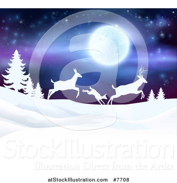 Vector Illustration of a White Silhouetted Family of Deer Leaping over Snowy Hills and Evergreens Under a Full Moon