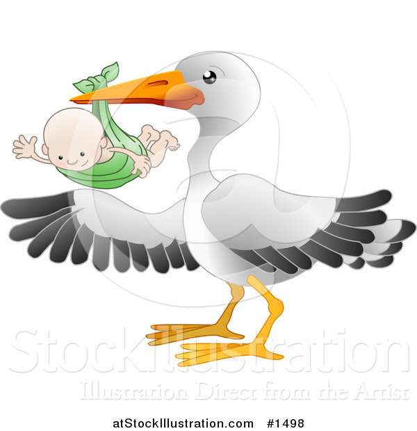 Vector Illustration of a White Stork Bird with Black Tipped Wings, Carrying a Happy Baby in a Green Cloth