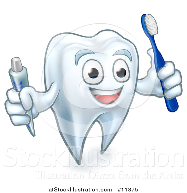 Vector Illustration of a White Tooth Character Holding a Toothbrush and Tube of Toothpaste