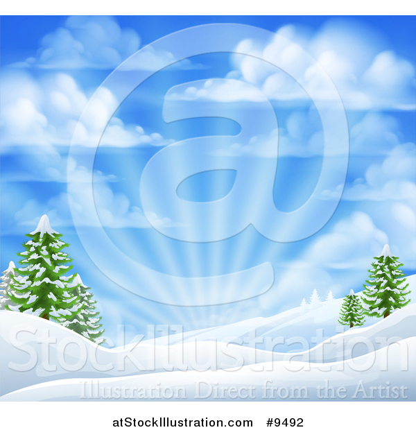 Vector Illustration of a Winter Morning Sunrise with Rays and a Blue Cloudy Sky over Snow Covered Hills and Evergreen Trees