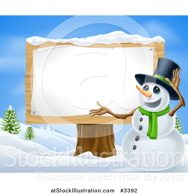 Vector Illustration of a Winter Snowman Presenting a Wooden Sign