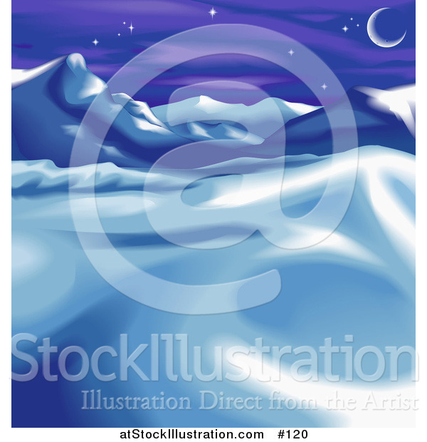 Vector Illustration of a Wintry Landscape with Snow, Mountains and the Moon