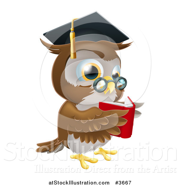 Vector Illustration of a Wise Owl Wearing a Graduation Cap and Reading a Book