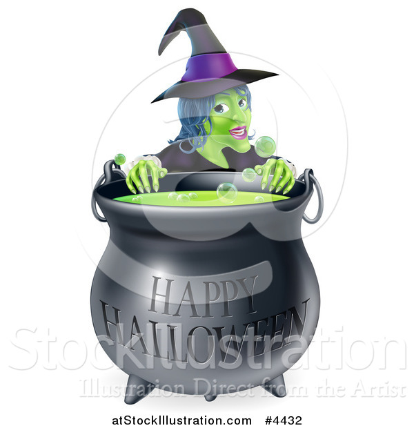 Vector Illustration of a Witch Behind a Boiling Happy Halloween Cauldron