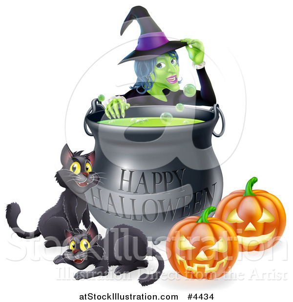 Vector Illustration of a Witch Behind a Boiling Happy Halloween Cauldron with Black Cats and Jackolanterns