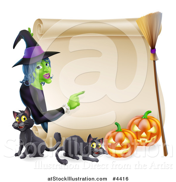 Vector Illustration of a Witch Pointing to a Scroll Sign with Black Cats Halloween Pumpkins and a Broomstick