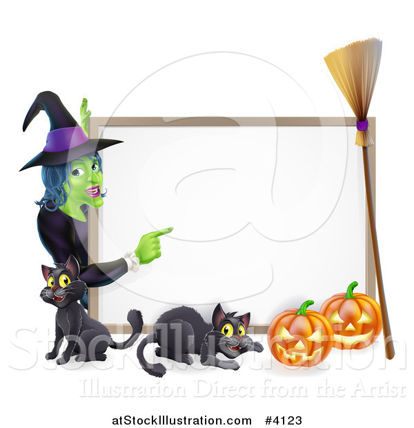 Vector Illustration of a Witch Pointing to a White Board Sign over a Black Cat and Halloween Pumpkins with a Broom