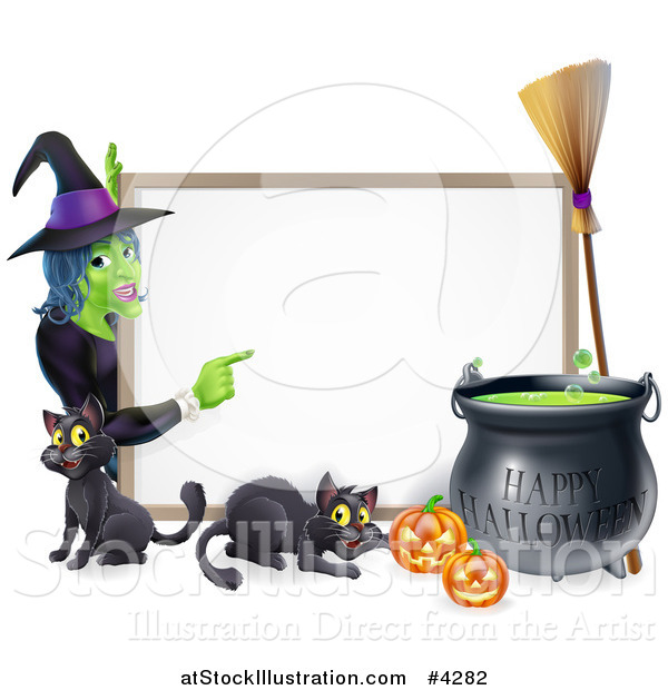 Vector Illustration of a Witch Pointing to a White Board Sign with Black Cats Halloween Pumpkins a Cauldron and a Broomstick