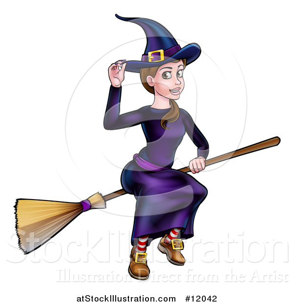 Vector Illustration of a Witch Tipping Her Hat and Flying on a Broomstick