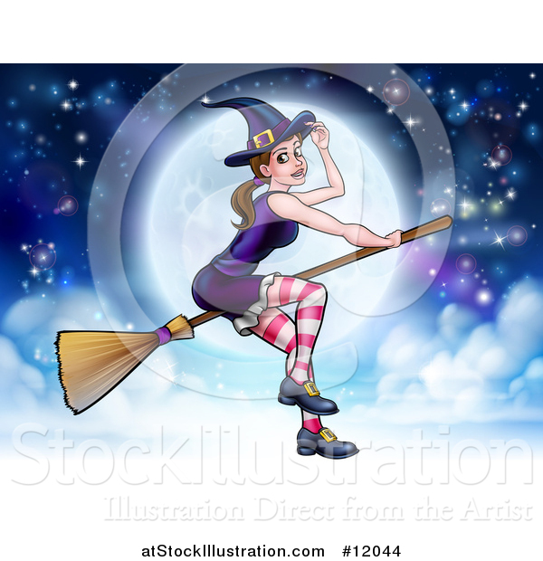 Vector Illustration of a Witch Tipping Her Hat and Flying on a Broomstick over a Full Moon