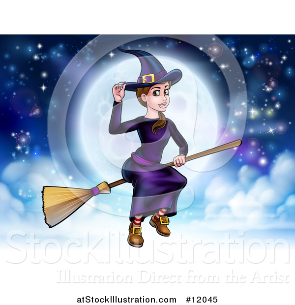 Vector Illustration of a Witch Tipping Her Hat and Flying on a Broomstick over a Full Moon