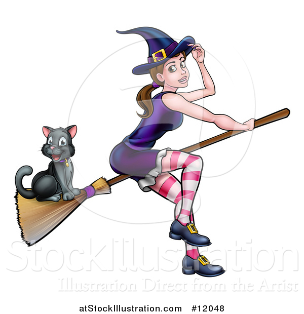 Vector Illustration of a Witch Tipping Her Hat and Flying on a Broomstick with Her Cat