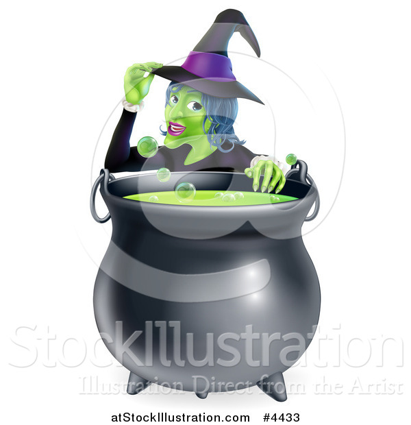 Vector Illustration of a Witch Touching Her Hat from Behind a Boiling Halloween Cauldron
