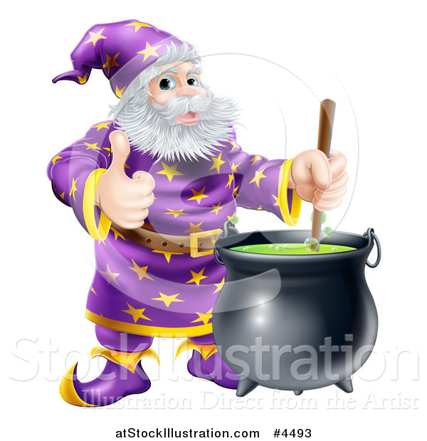 Vector Illustration of a Wizard Holding a Thumb up and Stirring Contents in a Cauldron