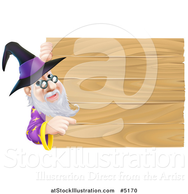 Vector Illustration of a Wizard Looking Around and Pointing at a Wooden Sign