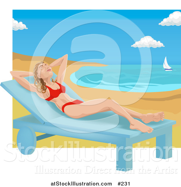 Vector Illustration of a Woman in a Red Bikini on a Chaise Lounge on a Beach