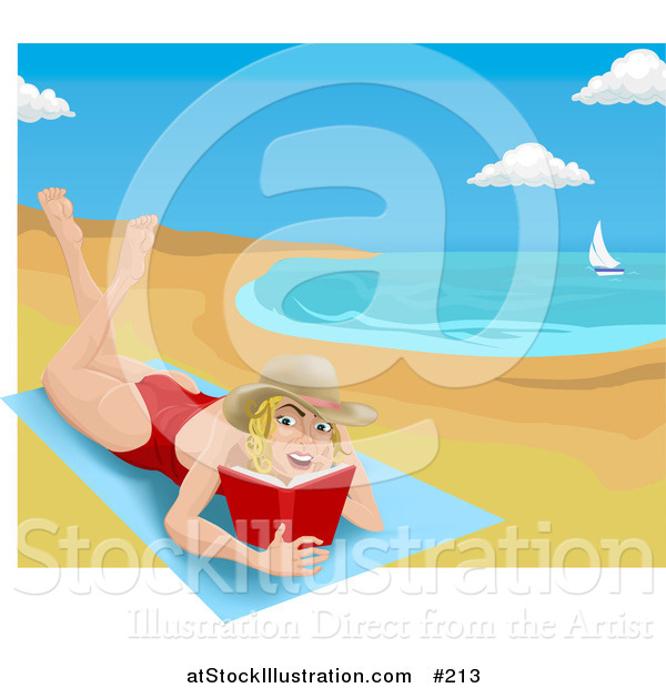 Vector Illustration of a Woman Lying on a Beach Towel on a Beach and Reading a Book