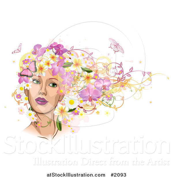 Vector Illustration of a Woman's Face with Pink Butterflies and Flowers in Her Hair